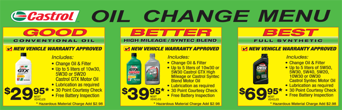 Castrol Oil Change Menu for your Vehicle